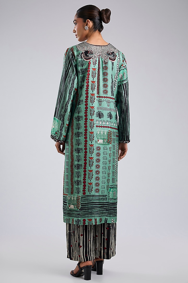 Green Silk Printed & Hand Embroidered Kaftan Kurta Set by Nupur Kanoi at Pernia's Pop Up Shop