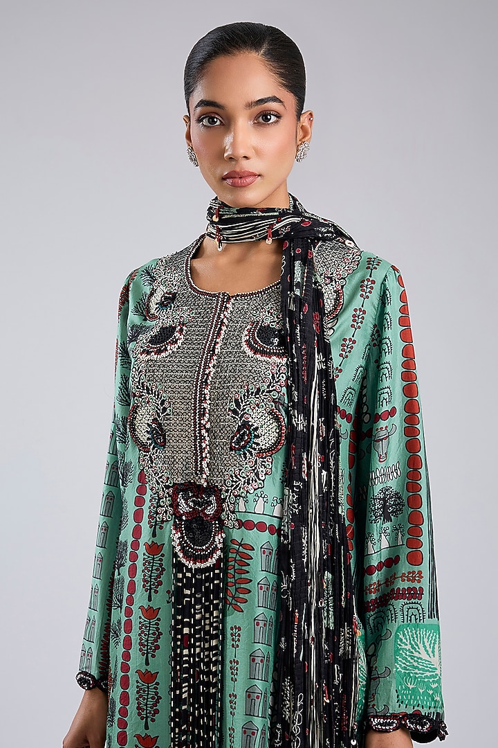 Green Silk Printed & Hand Embroidered Kaftan Kurta Set by Nupur Kanoi at Pernia's Pop Up Shop