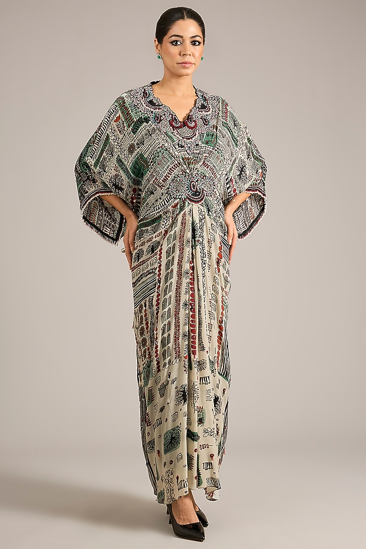 Off-White & Black Crepe Printed Kaftan Party Wear Dress by Nupur Kanoi at Pernia's Pop Up Shop