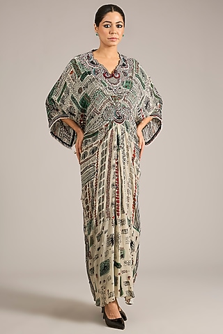 Off-White & Black Crepe Printed Kaftan Dress by Nupur Kanoi