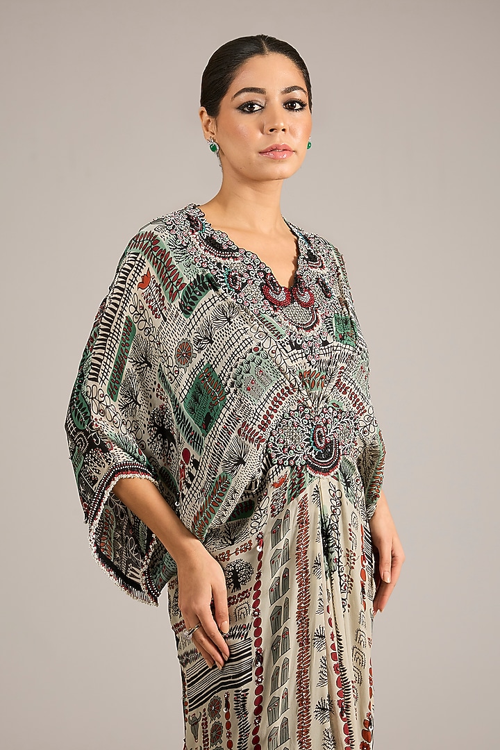 Off-White & Black Crepe Printed Kaftan Party Wear Dress by Nupur Kanoi at Pernia's Pop Up Shop
