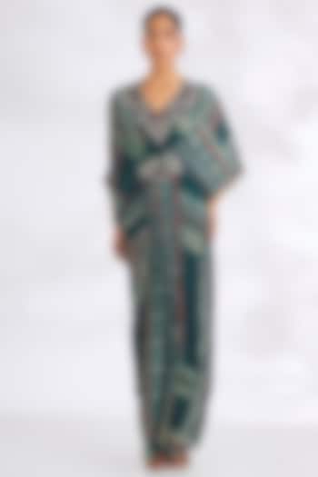 Teal Crepe Printed Kaftan Maxi Party Wear Dress by Nupur Kanoi at Pernia's Pop Up Shop