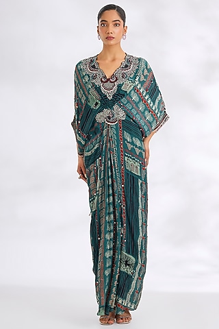 Teal Crepe Printed Kaftan Maxi Dress by Nupur Kanoi