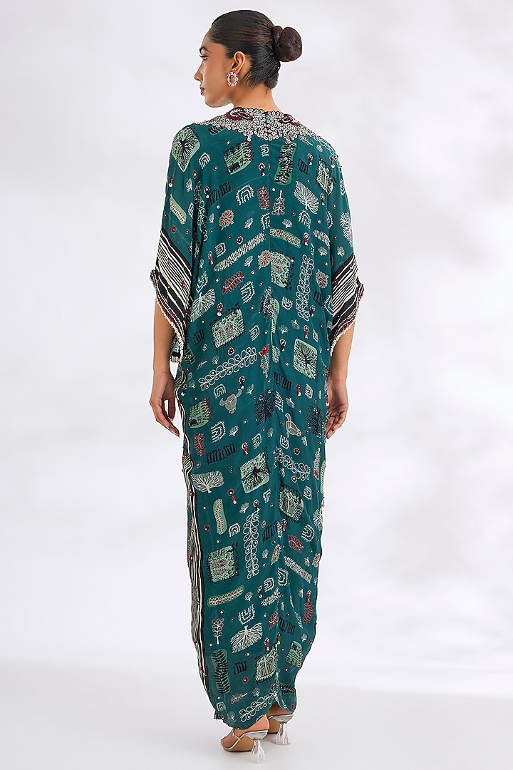 Teal Crepe Printed Kaftan Maxi Party Wear Dress by Nupur Kanoi at Pernia's Pop Up Shop