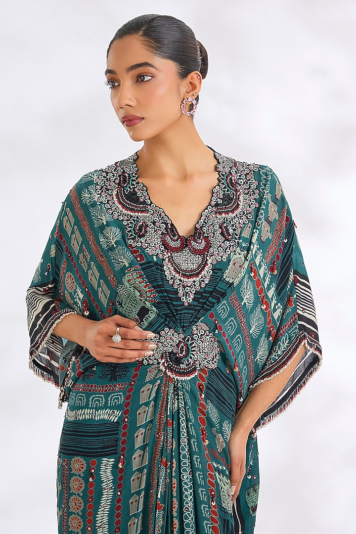 Teal Crepe Printed Kaftan Maxi Party Wear Dress by Nupur Kanoi at Pernia's Pop Up Shop