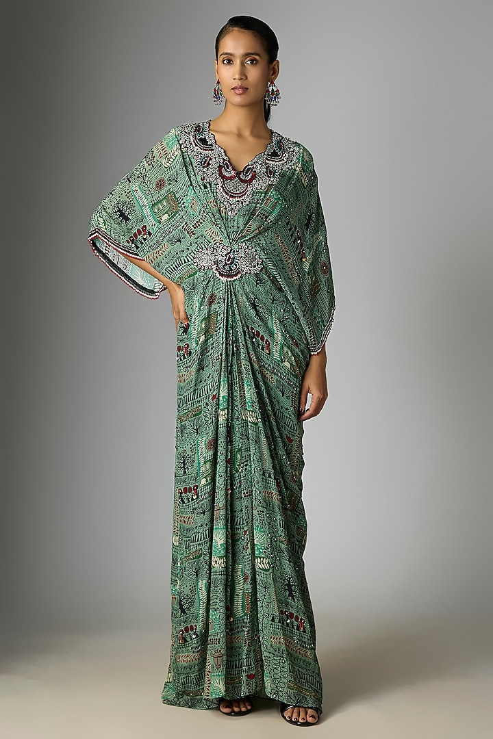 Mint Crepe Printed Kaftan Party Wear Dress by Nupur Kanoi at Pernia's Pop Up Shop