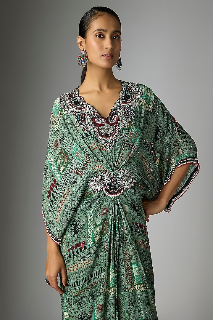 Mint Crepe Printed Kaftan Party Wear Dress by Nupur Kanoi at Pernia's Pop Up Shop