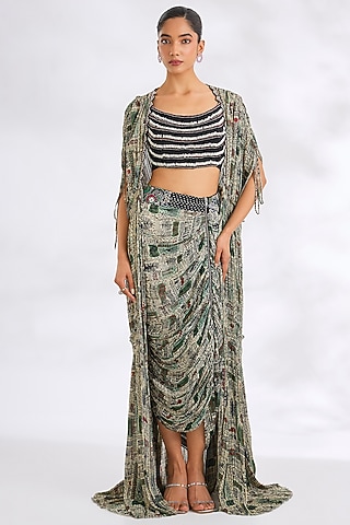 Off-White Bemberg Chiffon Embroidered Skirt Set by Nupur Kanoi
