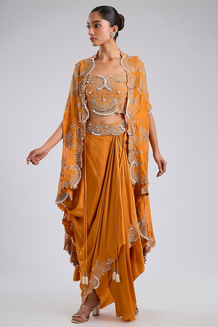 Orange Georgette Sequins Embroidered Cape Set by Nupur Kanoi at Pernia's Pop Up Shop