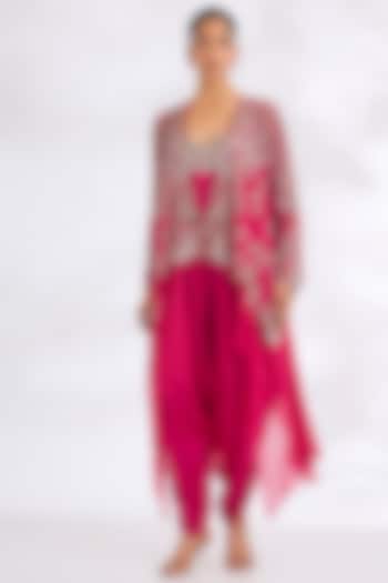 Fuchsia Satin Hand Embroidered Jumpsuit With Jacket by Nupur Kanoi at Pernia's Pop Up Shop