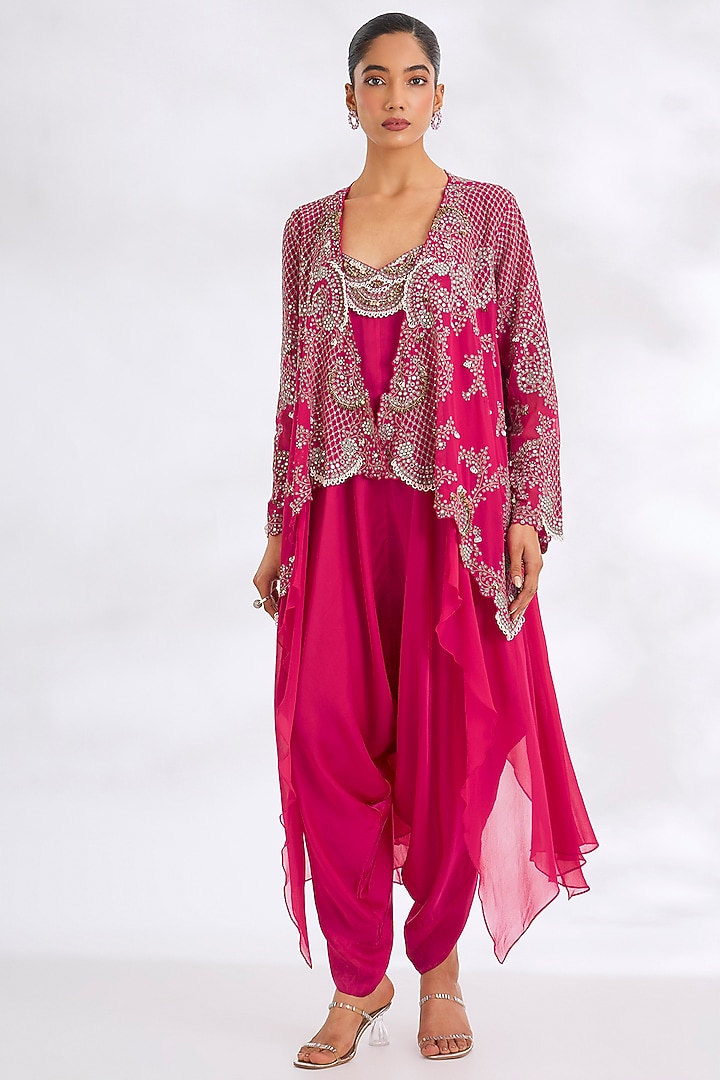 Fuchsia Satin Hand Embroidered Jumpsuit With Jacket by Nupur Kanoi at Pernia's Pop Up Shop