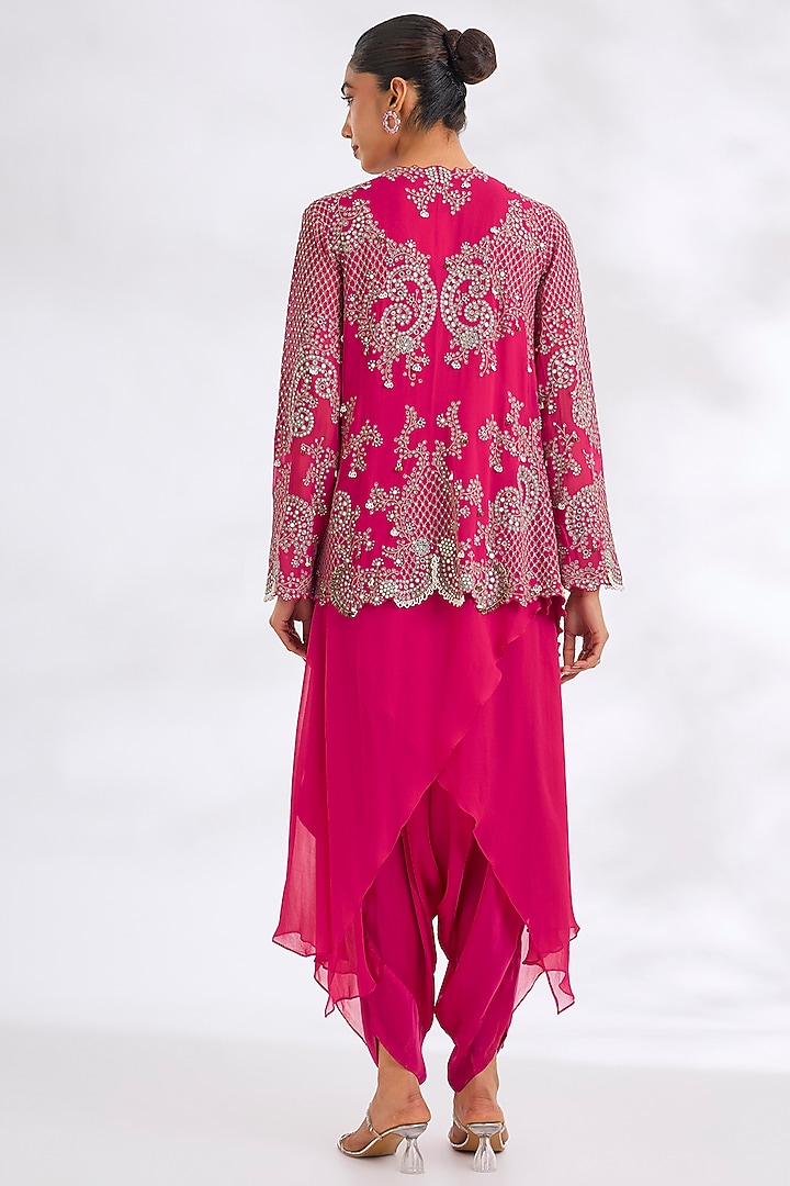 Fuchsia Satin Hand Embroidered Jumpsuit With Jacket by Nupur Kanoi at Pernia's Pop Up Shop