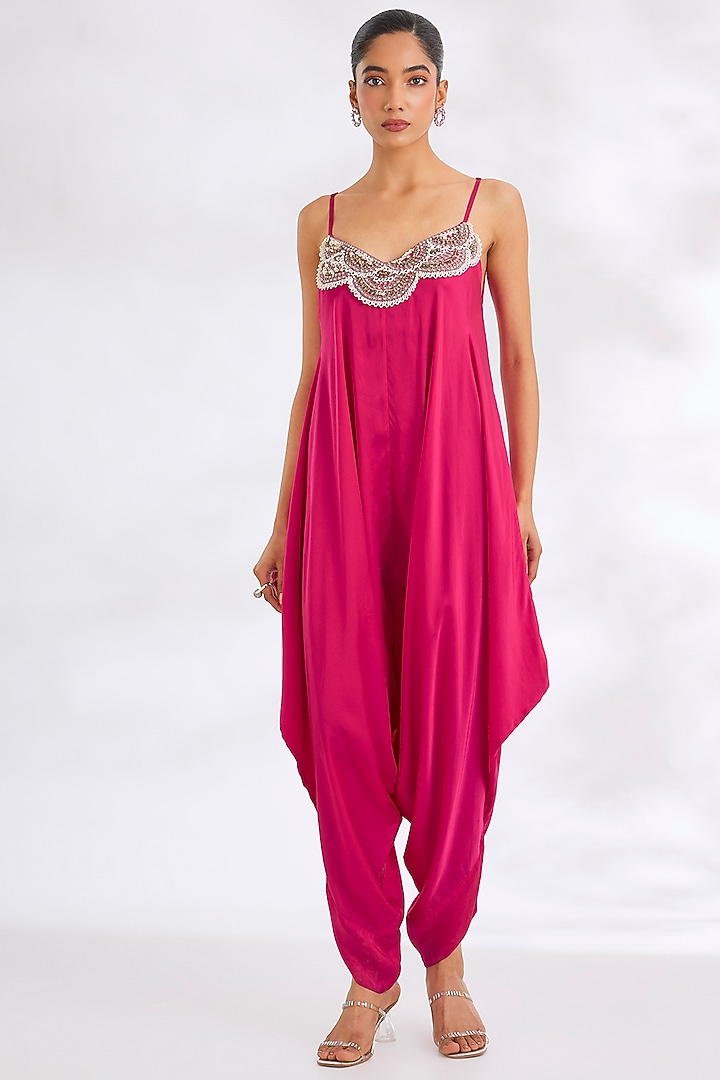 Fuchsia Satin Hand Embroidered Jumpsuit With Jacket by Nupur Kanoi at Pernia's Pop Up Shop