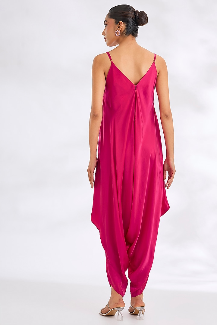 Fuchsia Satin Hand Embroidered Jumpsuit With Jacket by Nupur Kanoi at Pernia's Pop Up Shop