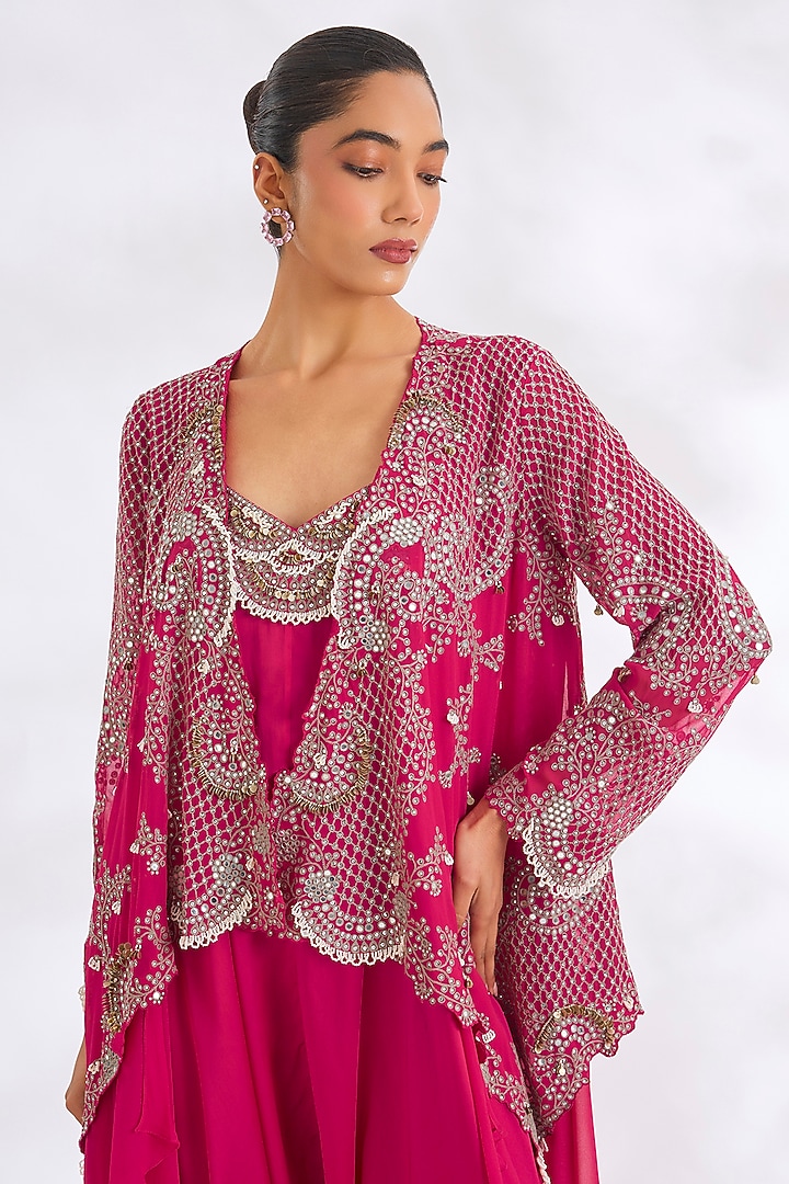 Fuchsia Satin Hand Embroidered Jumpsuit With Jacket by Nupur Kanoi at Pernia's Pop Up Shop
