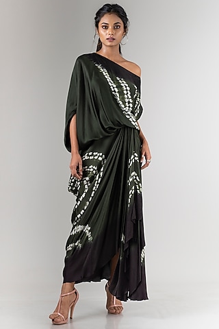 Olive Green Satin Tie-Dye Printed Skirt Set by Nupur Kanoi