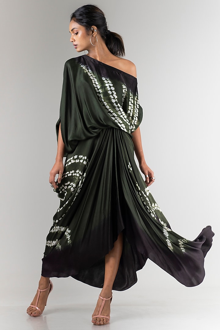 Olive Green Satin Tie-Dye Printed Skirt Set by Nupur Kanoi at Pernia's Pop Up Shop