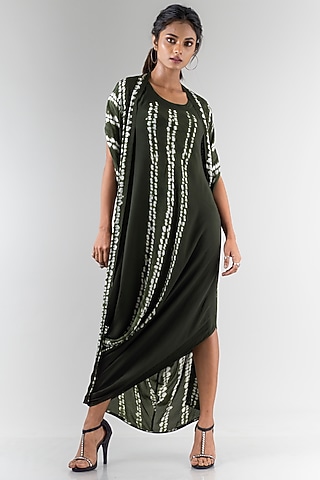 Olive Green Crepe Tie & Dye Printed Jacket Sack Dress by Nupur Kanoi