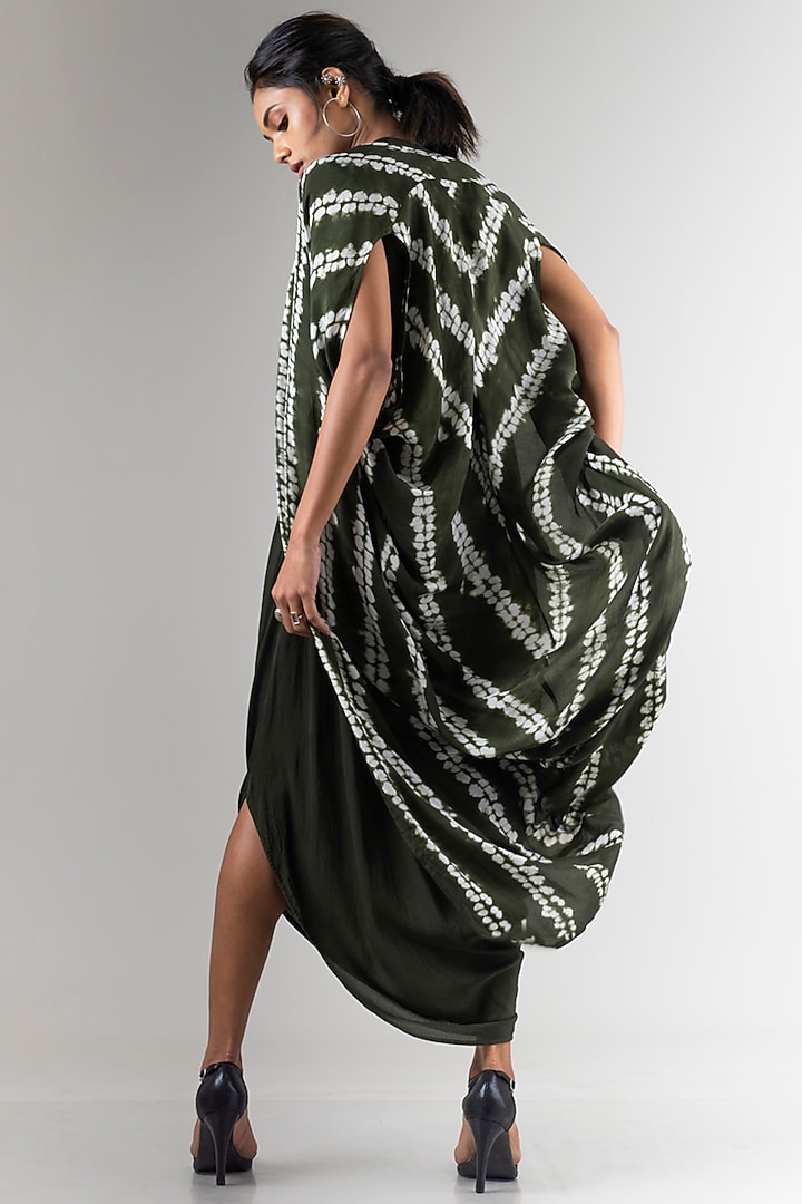 Olive Green Crepe Tie & Dye Printed Jacket Sack Vacation Dress by Nupur Kanoi at Pernia's Pop Up Shop