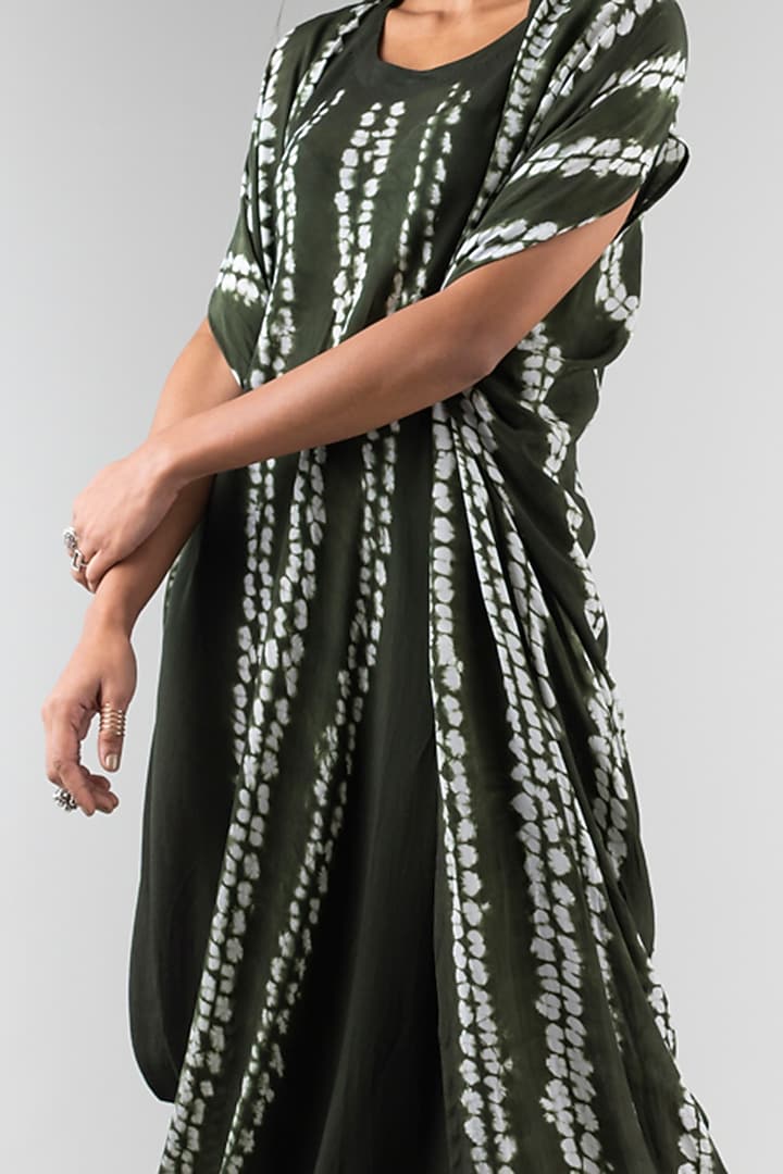 Olive Green Crepe Tie & Dye Printed Jacket Sack Vacation Dress by Nupur Kanoi at Pernia's Pop Up Shop