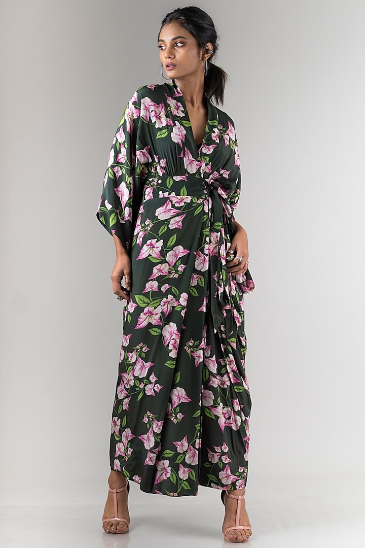 Olive Green Printed Wrap Dress by Nupur Kanoi