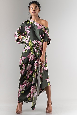Olive Green Printed Satin Skirt Set by Nupur Kanoi