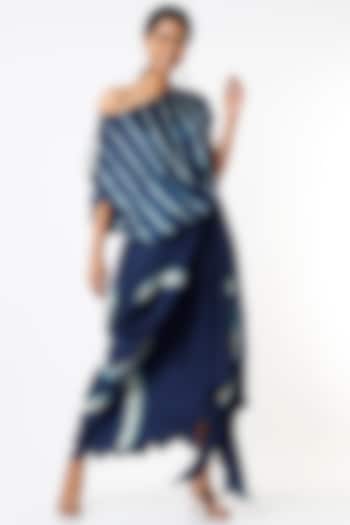 Navy Blue Printed Cowl Skirt Set by Nupur Kanoi