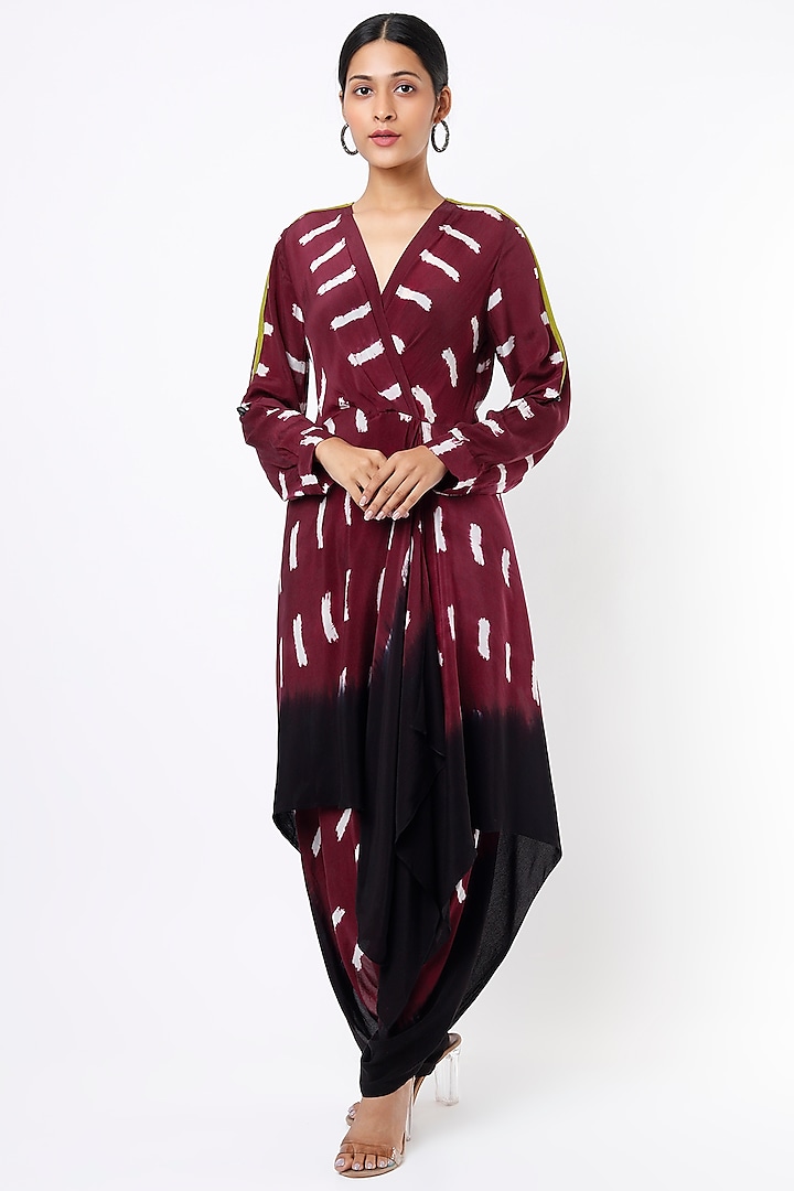 Burgundy Printed Dhoti Jumpsuit by Nupur Kanoi