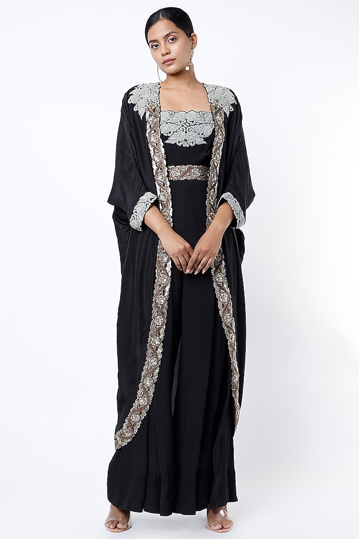 Black Embroidered Jumpsuit With Cape by Nupur Kanoi