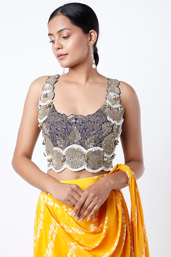 Sunny Yellow Crepe Bengali Wedding Saree Set by Nupur Kanoi at Pernia's Pop Up Shop