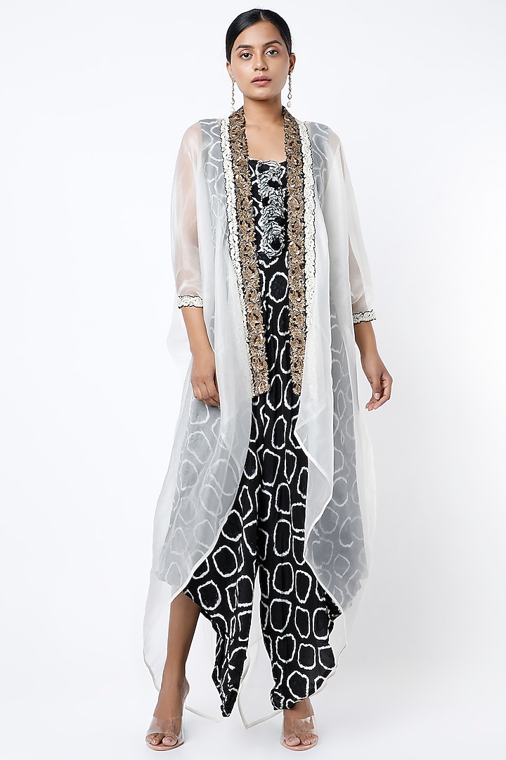 Black Jumpsuit With Embroidered Cape by Nupur Kanoi