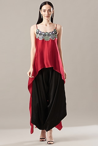 Black Satin Draped Pant Set by Nupur Kanoi