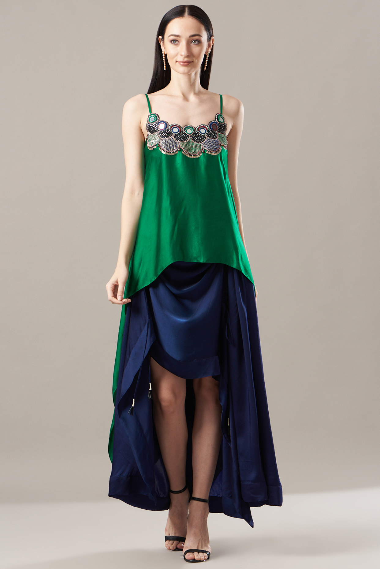 Navy Blue Satin Gathered Circular Skirt Set by Nupur Kanoi