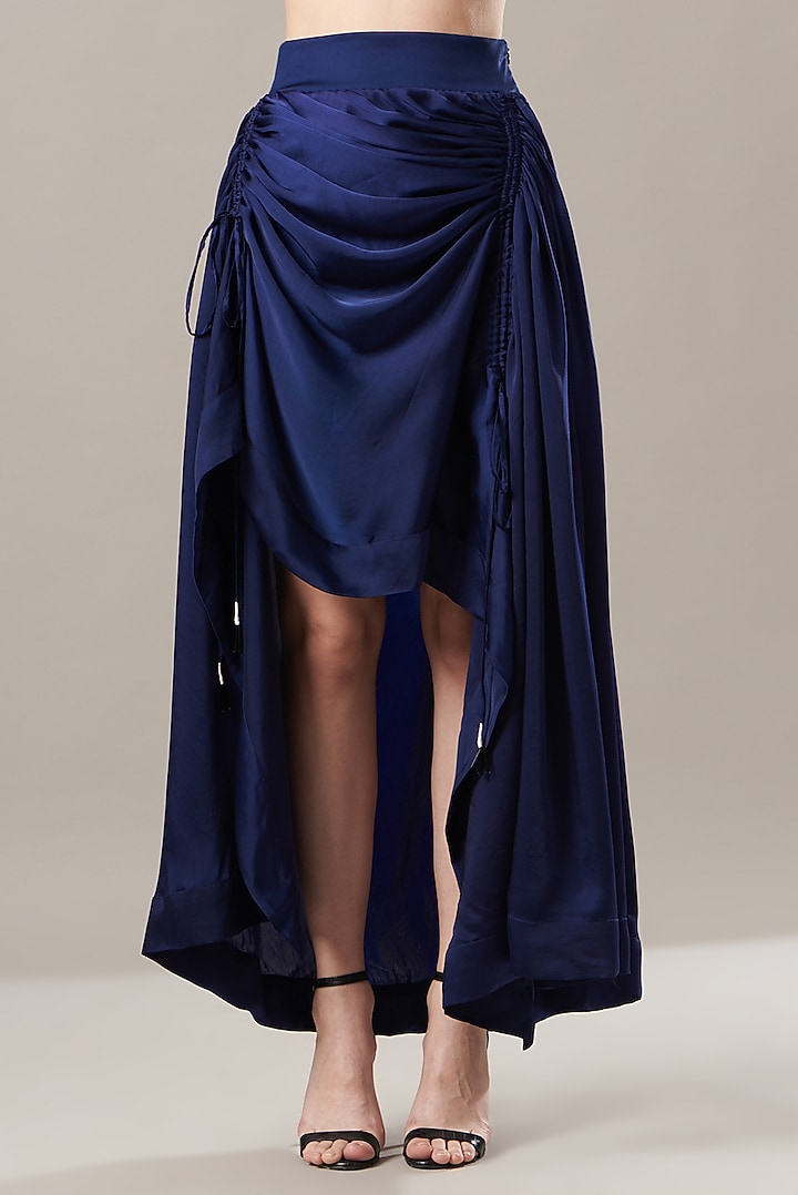 Navy Blue Satin Gathered Circular Skirt Set by Nupur Kanoi at Pernia's Pop Up Shop