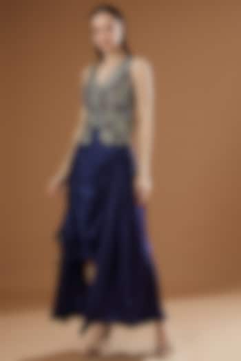 Midnight Blue Satin Circular Skirt Set by Nupur Kanoi at Pernia's Pop Up Shop