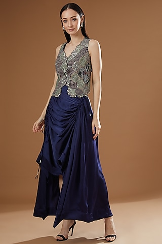 Midnight Blue Satin Circular Skirt Set by Nupur Kanoi