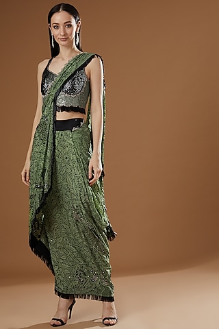 Jade Embroidered Pre-Draped Saree Set by Nupur Kanoi