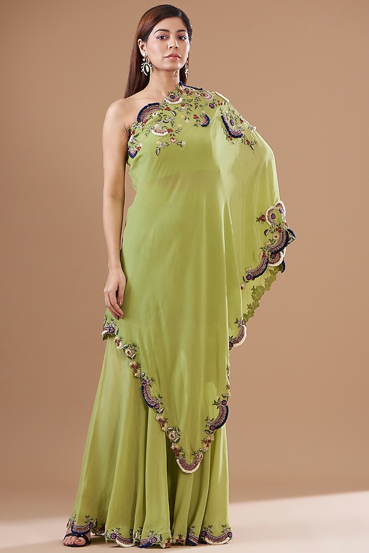 Light Pista Green Crepe Embroidered Cape Set by Nupur Kanoi
