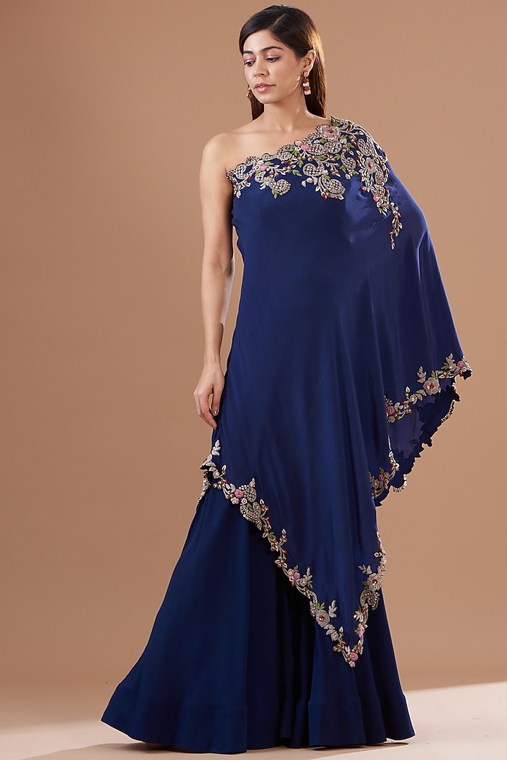 Navy Blue Crepe Embroidered Cape Set by Nupur Kanoi