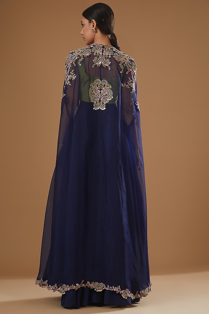 Catalina Blue Organza Zardosi Embroidered Cape Set by Nupur Kanoi at Pernia's Pop Up Shop