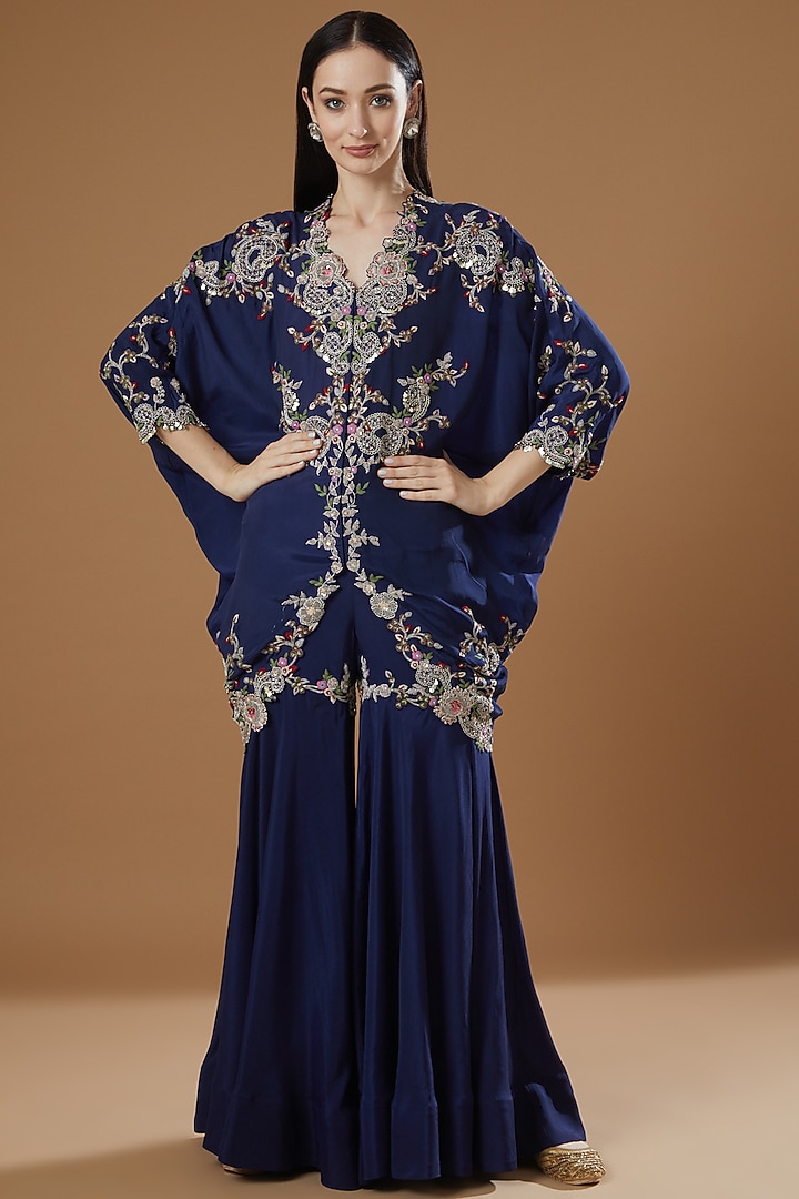 Navy Blue Embroidered Kaftan Set by Nupur Kanoi at Pernia's Pop Up Shop