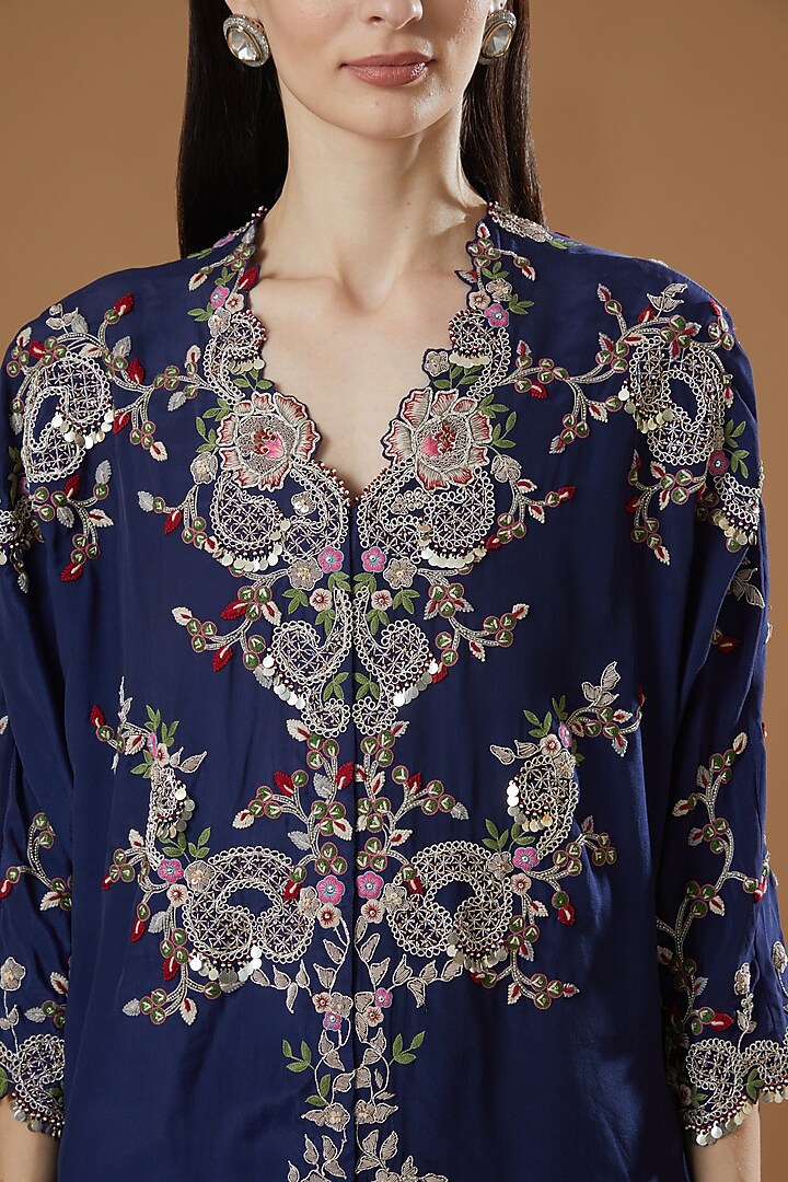 Navy Blue Embroidered Kaftan Set by Nupur Kanoi at Pernia's Pop Up Shop