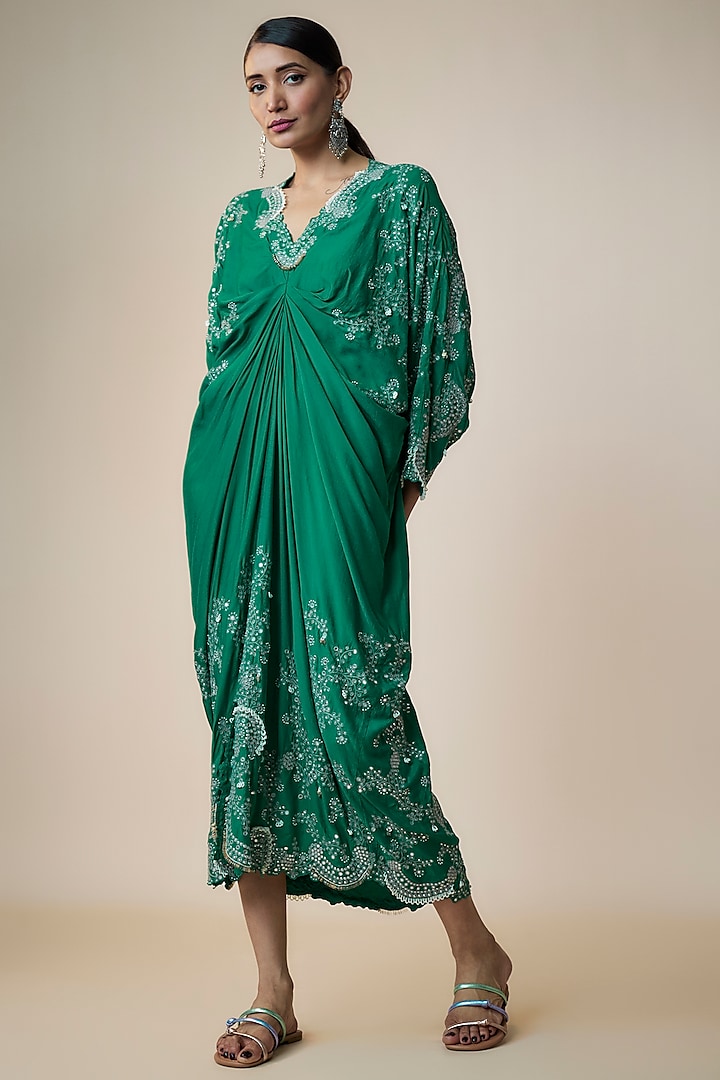 Sea Green Silk Hand Embroidered Tie-Dye Kaftan Dress by Nupur Kanoi
