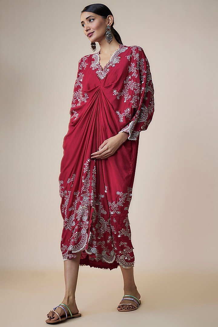 Burgundy Silk Hand Embroidered Tie-Dye Kaftan Dress by Nupur Kanoi