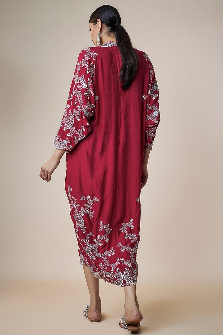 Burgundy Silk Hand Embroidered Tie-Dye Kaftan Dress by Nupur Kanoi at Pernia's Pop Up Shop