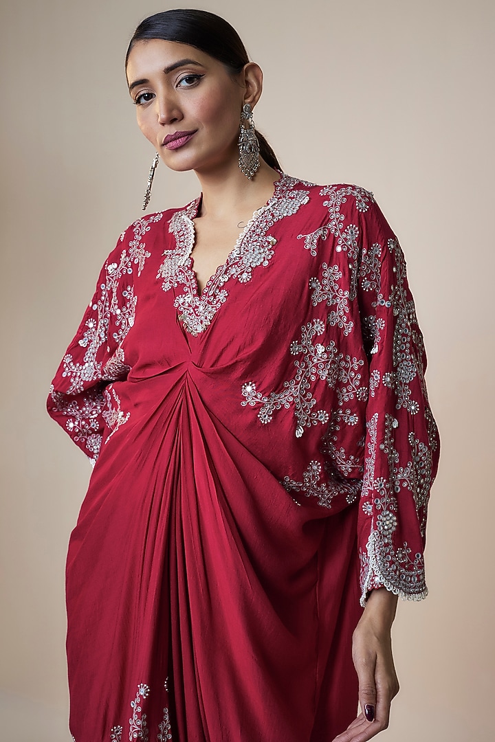 Burgundy Silk Hand Embroidered Tie-Dye Kaftan Dress by Nupur Kanoi at Pernia's Pop Up Shop