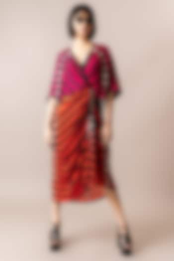 Magenta & Tangerine Crepe Stripe Printed Gathered Midi Dress by Nupur Kanoi