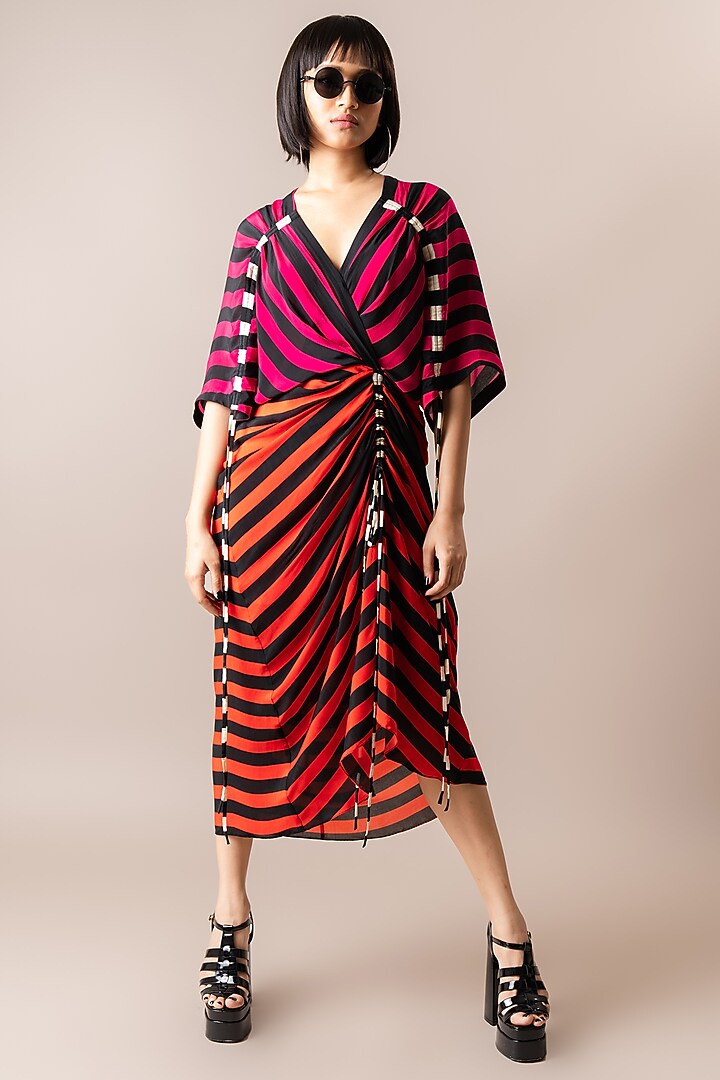 Magenta & Tangerine Crepe Stripe Printed Gathered Midi Vacation Dress by Nupur Kanoi at Pernia's Pop Up Shop