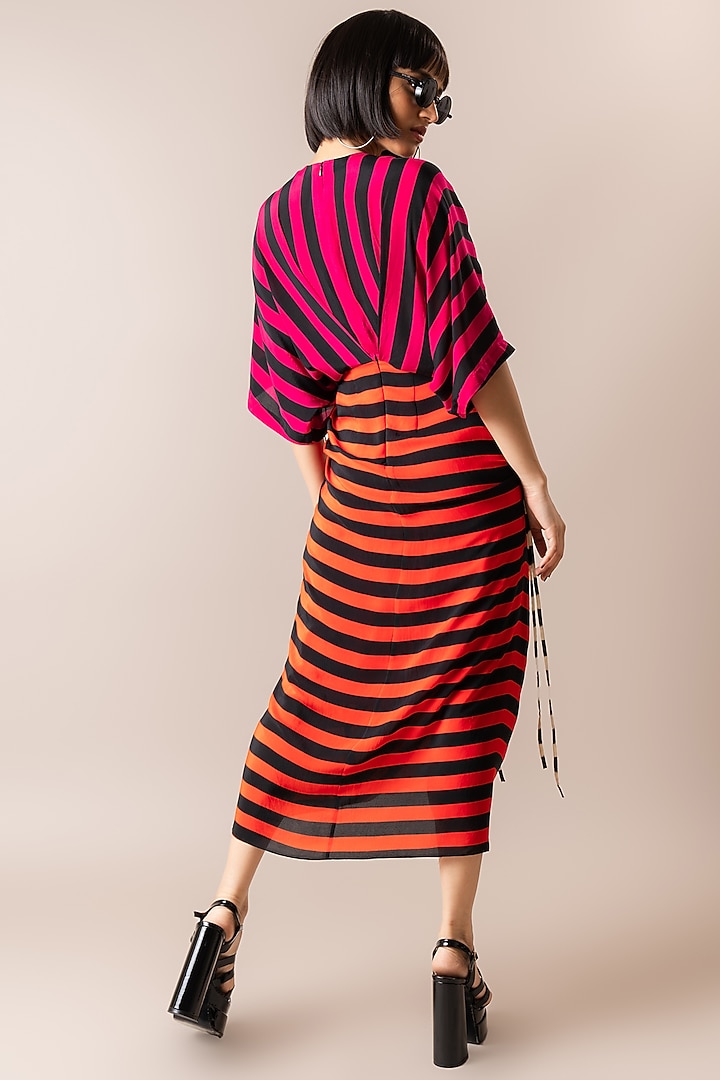 Magenta & Tangerine Crepe Stripe Printed Gathered Midi Vacation Dress by Nupur Kanoi at Pernia's Pop Up Shop