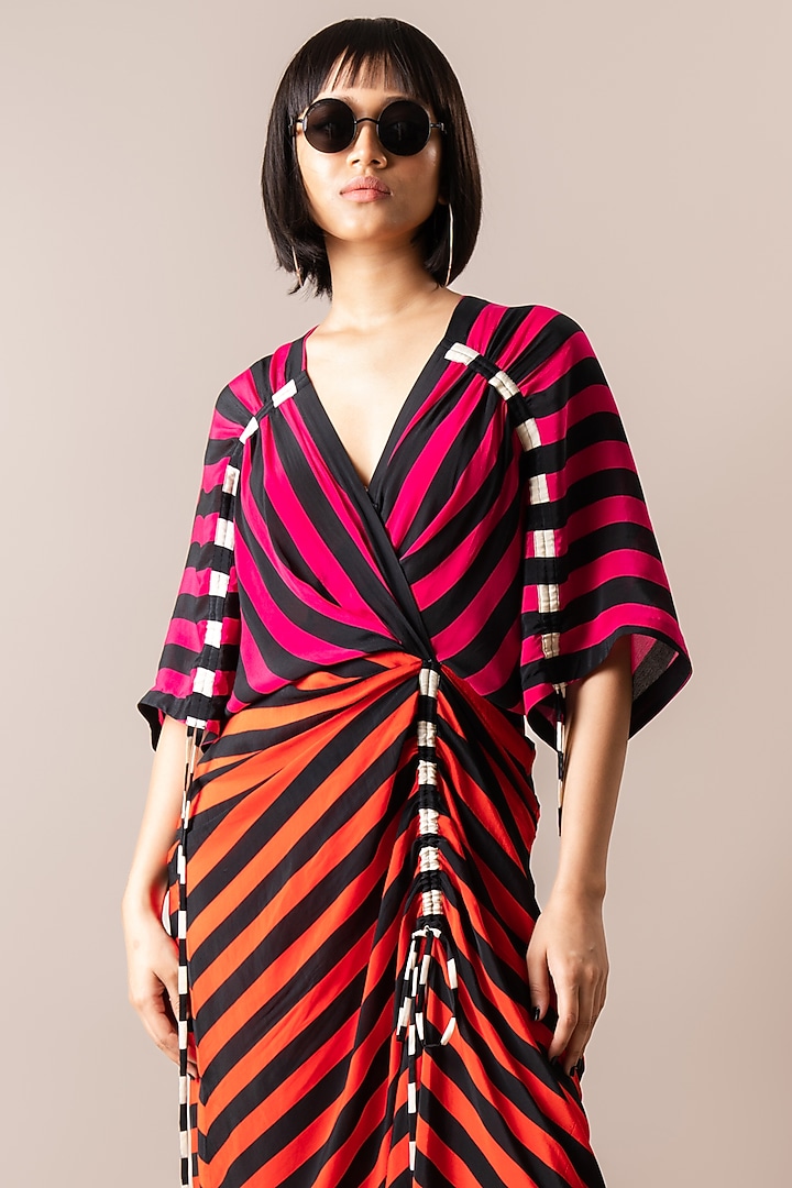 Magenta & Tangerine Crepe Stripe Printed Gathered Midi Vacation Dress by Nupur Kanoi at Pernia's Pop Up Shop